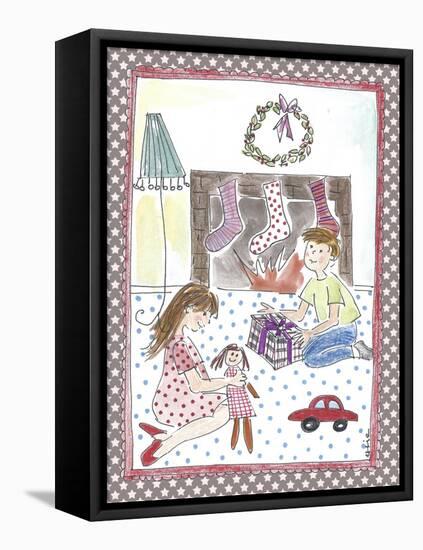 Children Opening Christmas Gifts-Effie Zafiropoulou-Framed Premier Image Canvas