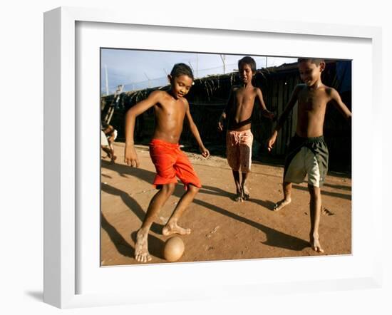 Children Play Soccer at a Shelter in the City Maraba-null-Framed Photographic Print