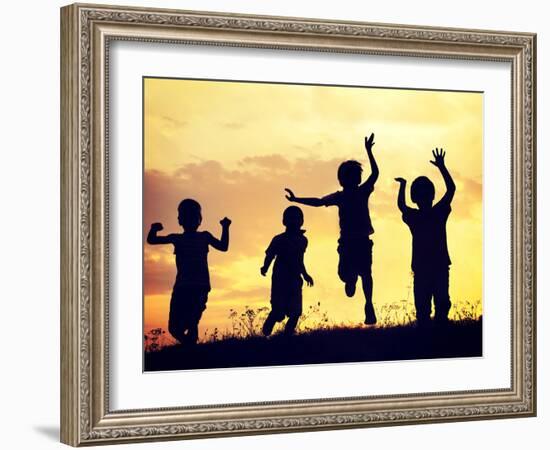 Children Playing on Summer Sunset Meadow-zurijeta-Framed Photographic Print