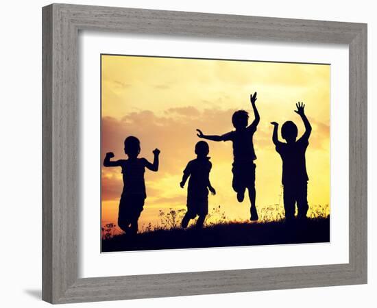 Children Playing on Summer Sunset Meadow-zurijeta-Framed Photographic Print