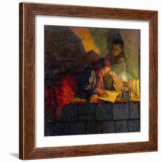 Children Reading by Candlelight-Nikolai Petrovich Bogdanov-Belsky-Framed Giclee Print