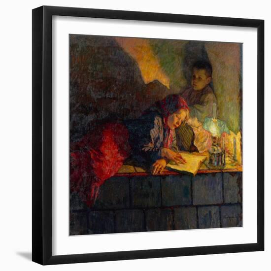 Children Reading by Candlelight-Nikolai Petrovich Bogdanov-Belsky-Framed Giclee Print