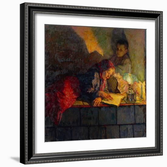 Children Reading by Candlelight-Nikolai Petrovich Bogdanov-Belsky-Framed Giclee Print