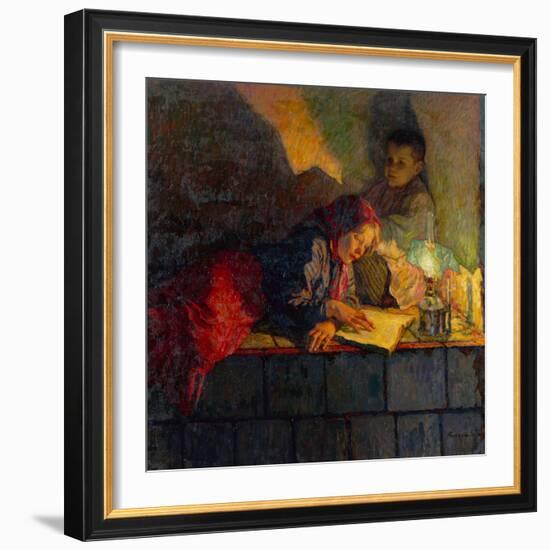 Children Reading by Candlelight-Nikolai Petrovich Bogdanov-Belsky-Framed Giclee Print