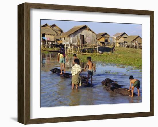 Children Riding Water Buffaloes, Inle Lake, Myanmar, Asia-Upperhall Ltd-Framed Photographic Print