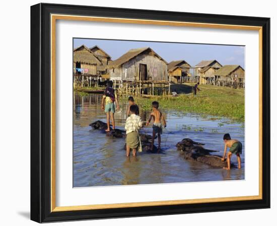 Children Riding Water Buffaloes, Inle Lake, Myanmar, Asia-Upperhall Ltd-Framed Photographic Print