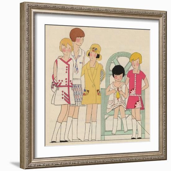 Children's Fashions: Girls' Summer Dresses in White, Pink and Yellow-null-Framed Premium Giclee Print