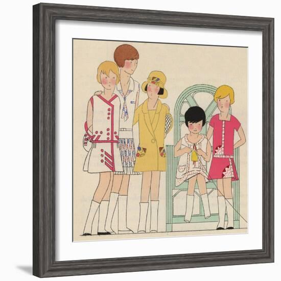 Children's Fashions: Girls' Summer Dresses in White, Pink and Yellow-null-Framed Giclee Print
