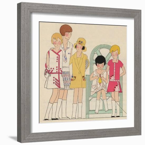 Children's Fashions: Girls' Summer Dresses in White, Pink and Yellow-null-Framed Giclee Print