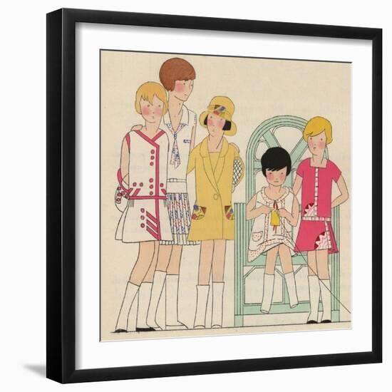 Children's Fashions: Girls' Summer Dresses in White, Pink and Yellow-null-Framed Giclee Print