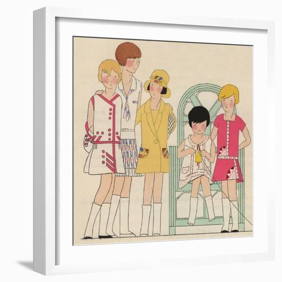 Children's Fashions: Girls' Summer Dresses in White, Pink and Yellow-null-Framed Giclee Print