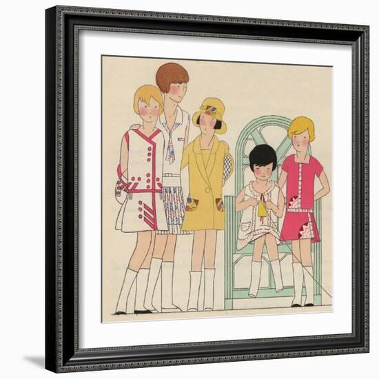 Children's Fashions: Girls' Summer Dresses in White, Pink and Yellow-null-Framed Giclee Print