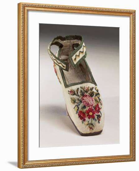 Children's Shoe, Embroidered in Silk Small Stitch on Linen, with Floral and Geometric Motif-null-Framed Giclee Print