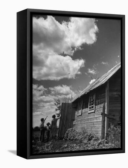 Children Searching the Sky Looking for Rain Clouds Outside Farmhouse During Drought in the Midwest-Margaret Bourke-White-Framed Premier Image Canvas