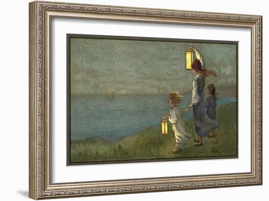 Children Signaling with Lanterns-null-Framed Art Print