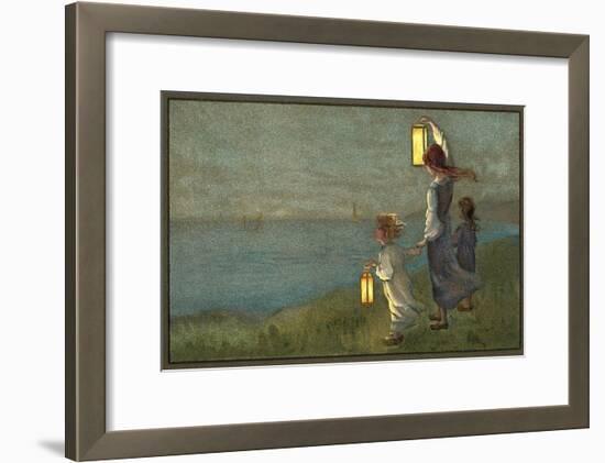 Children Signaling with Lanterns-null-Framed Art Print