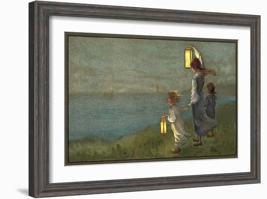 Children Signaling with Lanterns-null-Framed Art Print