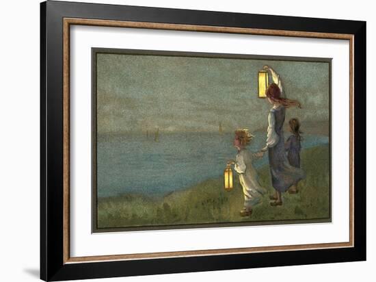 Children Signaling with Lanterns-null-Framed Art Print