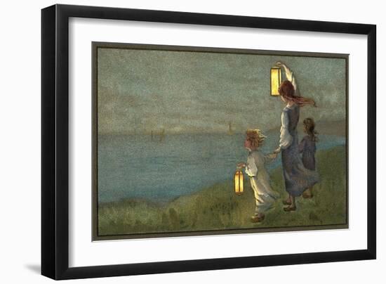 Children Signaling with Lanterns-null-Framed Art Print