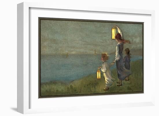 Children Signaling with Lanterns-null-Framed Art Print