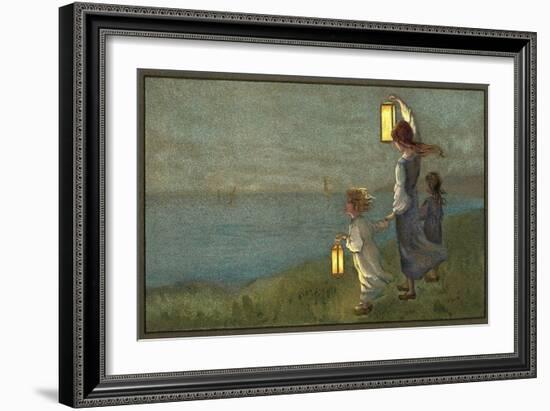 Children Signaling with Lanterns-null-Framed Art Print