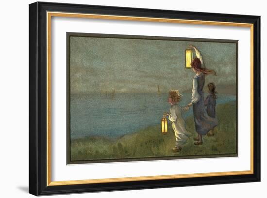 Children Signaling with Lanterns-null-Framed Art Print