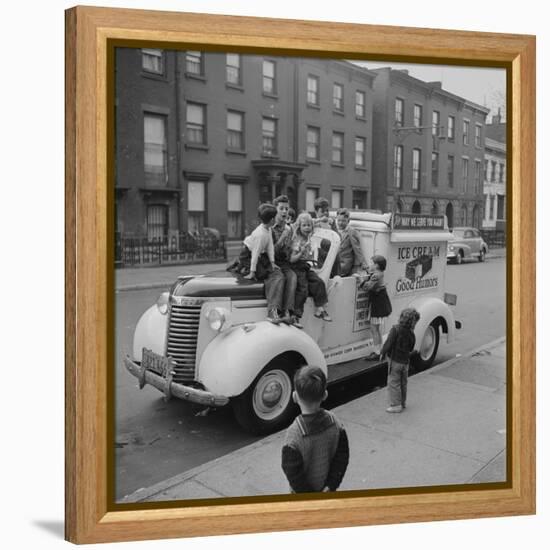 Children Sit on the Ice Cream Truck in Brooklyn-Ralph Morse-Framed Premier Image Canvas