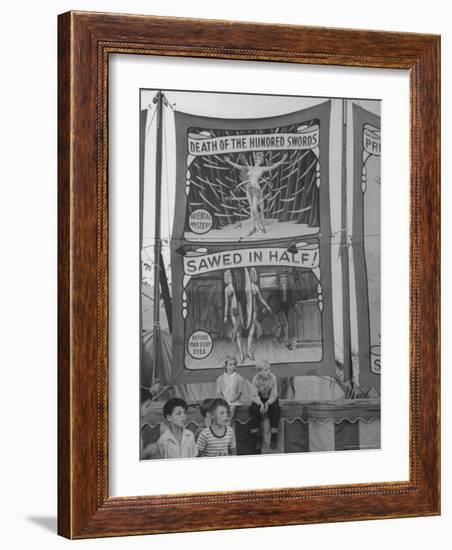 Children Sitting in Front of Banners for Magic Show Being Performed by Orson Welles-Peter Stackpole-Framed Photographic Print