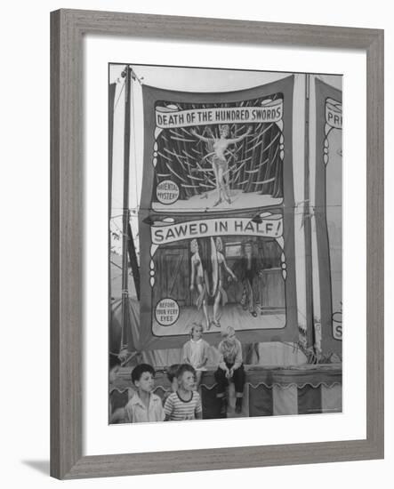 Children Sitting in Front of Banners for Magic Show Being Performed by Orson Welles-Peter Stackpole-Framed Photographic Print