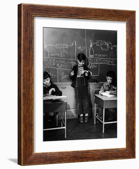 Children Studying Nuclear Physicist and Writing their Answers on the Board at the Age of 7-Nina Leen-Framed Photographic Print