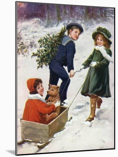 Children Taking Teddy for a Ride across the Snow-null-Mounted Art Print