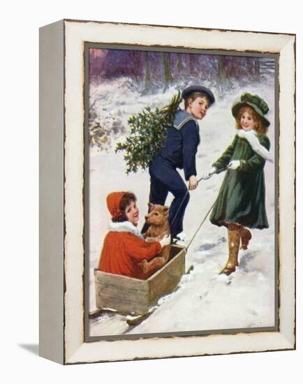 Children Taking Teddy for a Ride across the Snow-null-Framed Stretched Canvas