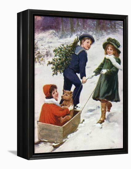 Children Taking Teddy for a Ride across the Snow-null-Framed Stretched Canvas