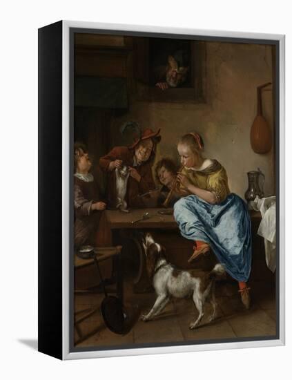 Children Teaching a Cat to Dance, known as the Dancing Lesson-Jan Havicksz Steen-Framed Stretched Canvas