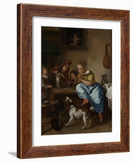 Children Teaching a Cat to Dance, known as the Dancing Lesson-Jan Havicksz Steen-Framed Art Print