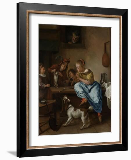 Children Teaching a Cat to Dance, known as the Dancing Lesson-Jan Havicksz Steen-Framed Art Print