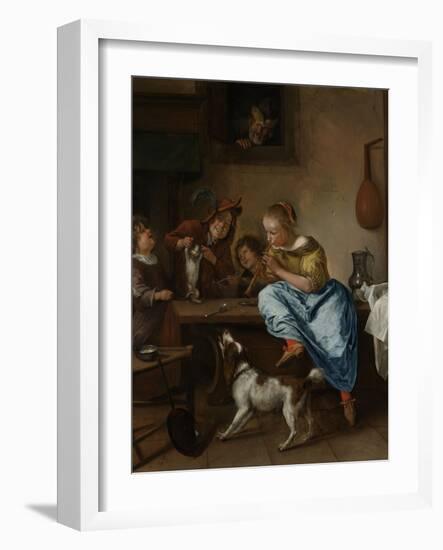 Children Teaching a Cat to Dance, known as the Dancing Lesson-Jan Havicksz Steen-Framed Art Print