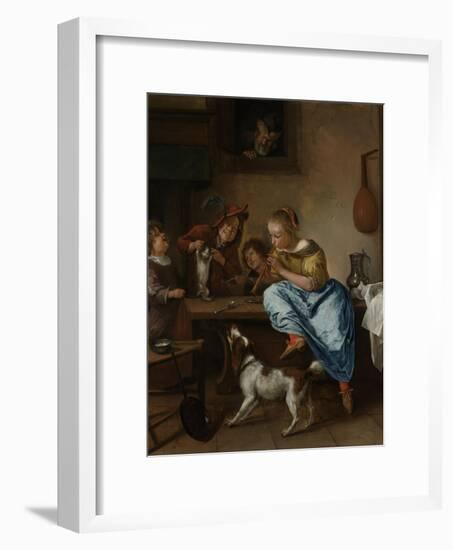 Children Teaching a Cat to Dance, known as the Dancing Lesson-Jan Havicksz Steen-Framed Art Print