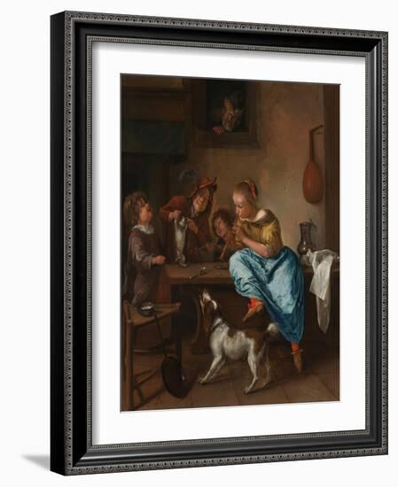 Children Teaching a Cat to Dance (The Dancing Lesso), Between 1660 and 1670-Jan Havicksz Steen-Framed Giclee Print