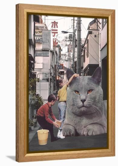 Children washing a giant Cat in Tokyo Streets-Florent Bodart-Framed Premier Image Canvas