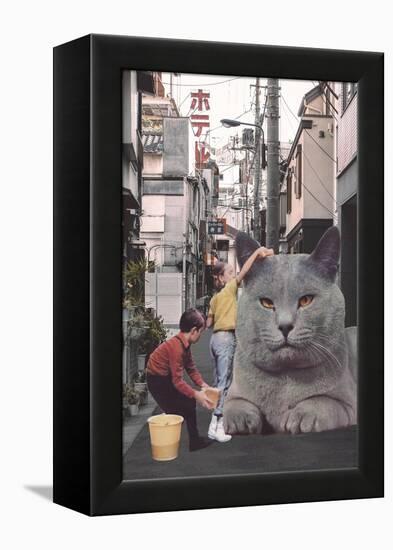 Children washing a giant Cat in Tokyo Streets-Florent Bodart-Framed Premier Image Canvas