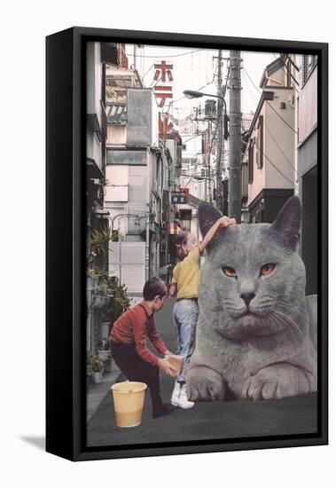 Children washing a giant Cat in Tokyo Streets-Florent Bodart-Framed Premier Image Canvas