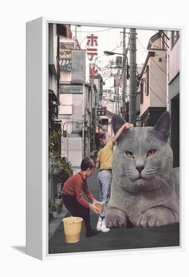 Children washing a giant Cat in Tokyo Streets-Florent Bodart-Framed Premier Image Canvas