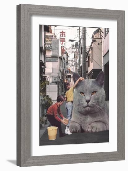 Children washing a giant Cat in Tokyo Streets-Florent Bodart-Framed Giclee Print