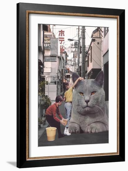 Children washing a giant Cat in Tokyo Streets-Florent Bodart-Framed Giclee Print