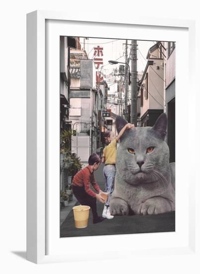 Children washing a giant Cat in Tokyo Streets-Florent Bodart-Framed Giclee Print