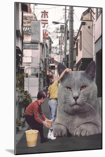 Children washing a giant Cat in Tokyo Streets-Florent Bodart-Mounted Giclee Print