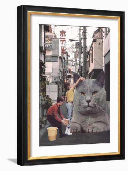 Children washing a giant Cat in Tokyo Streets-Florent Bodart-Framed Giclee Print