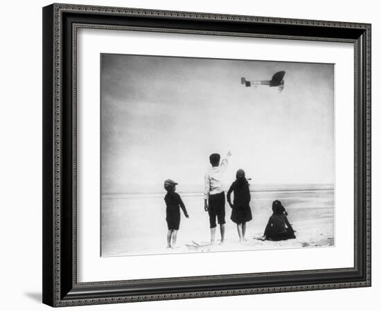 Children Watching Louis Bleriot Flying Plane Photograph - Calais, France-Lantern Press-Framed Art Print