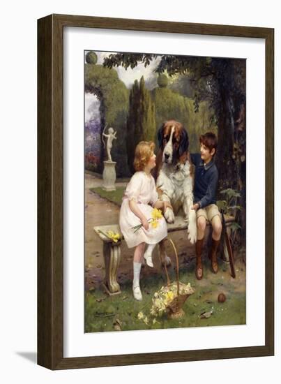 Children with a St. Bernard, 1922 (Oil on Canvas)-Arthur John Elsley-Framed Giclee Print